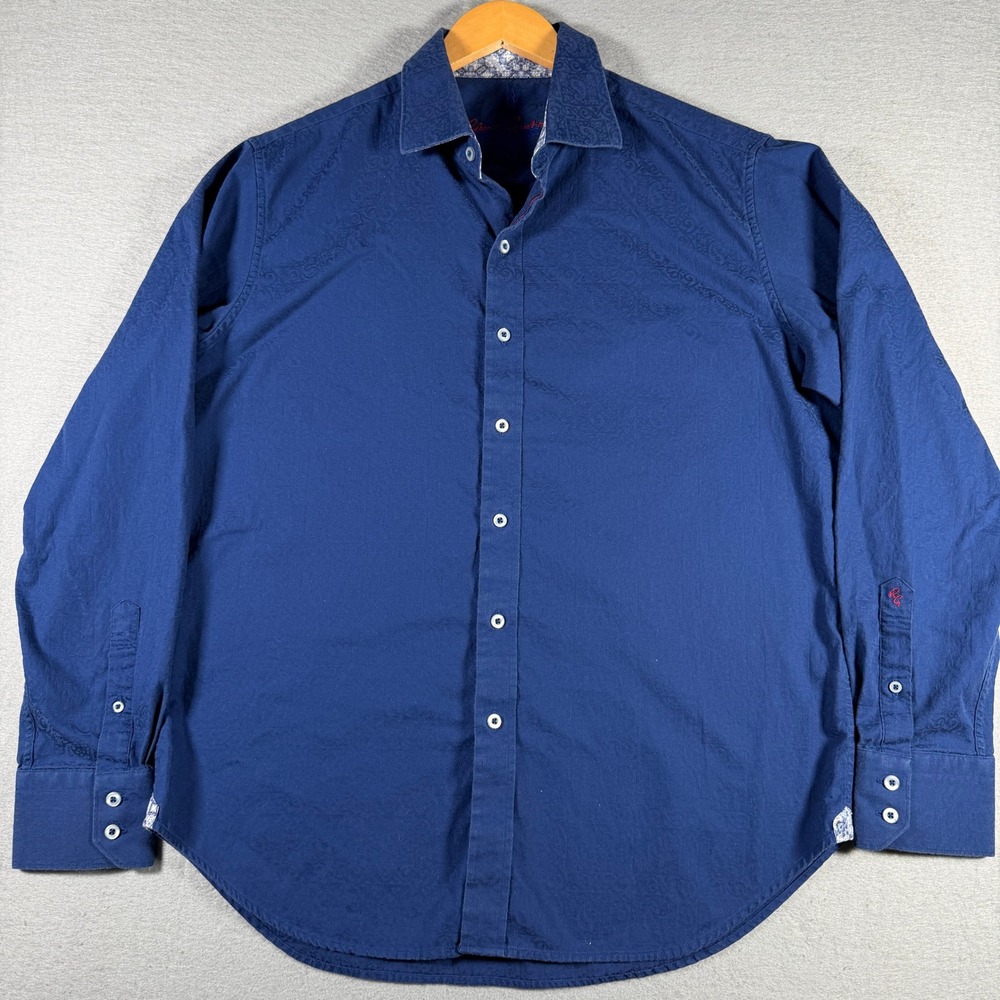 Robert‎ Graham Mens Navy Blue Paisley Jacquard Classic Fit Cotton Shirt Large